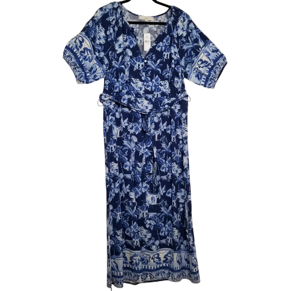 LOFT Maxi Dress Blue White Size L Tropical Print Belt Side Slits Covered Buttons